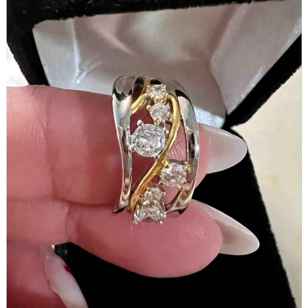 Vine Design 925 Silver With Gold Simulated Diamond Fashion Ring - Picture 7 of 8